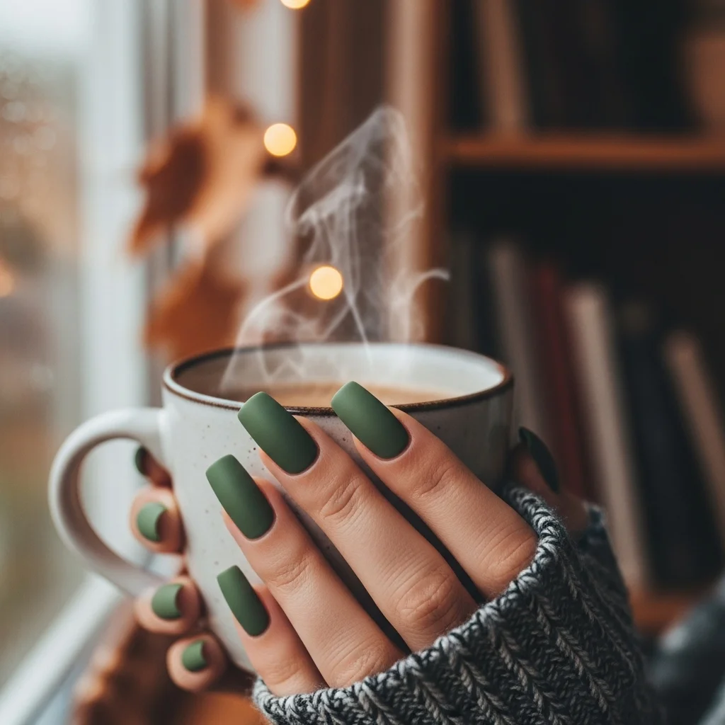 17 Stunning Matte Green Nail Ideas for Fall 3 deep olive green matte