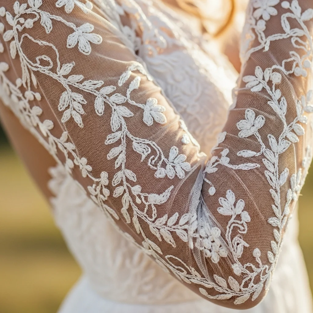 delicate embroidered mesh sleeves