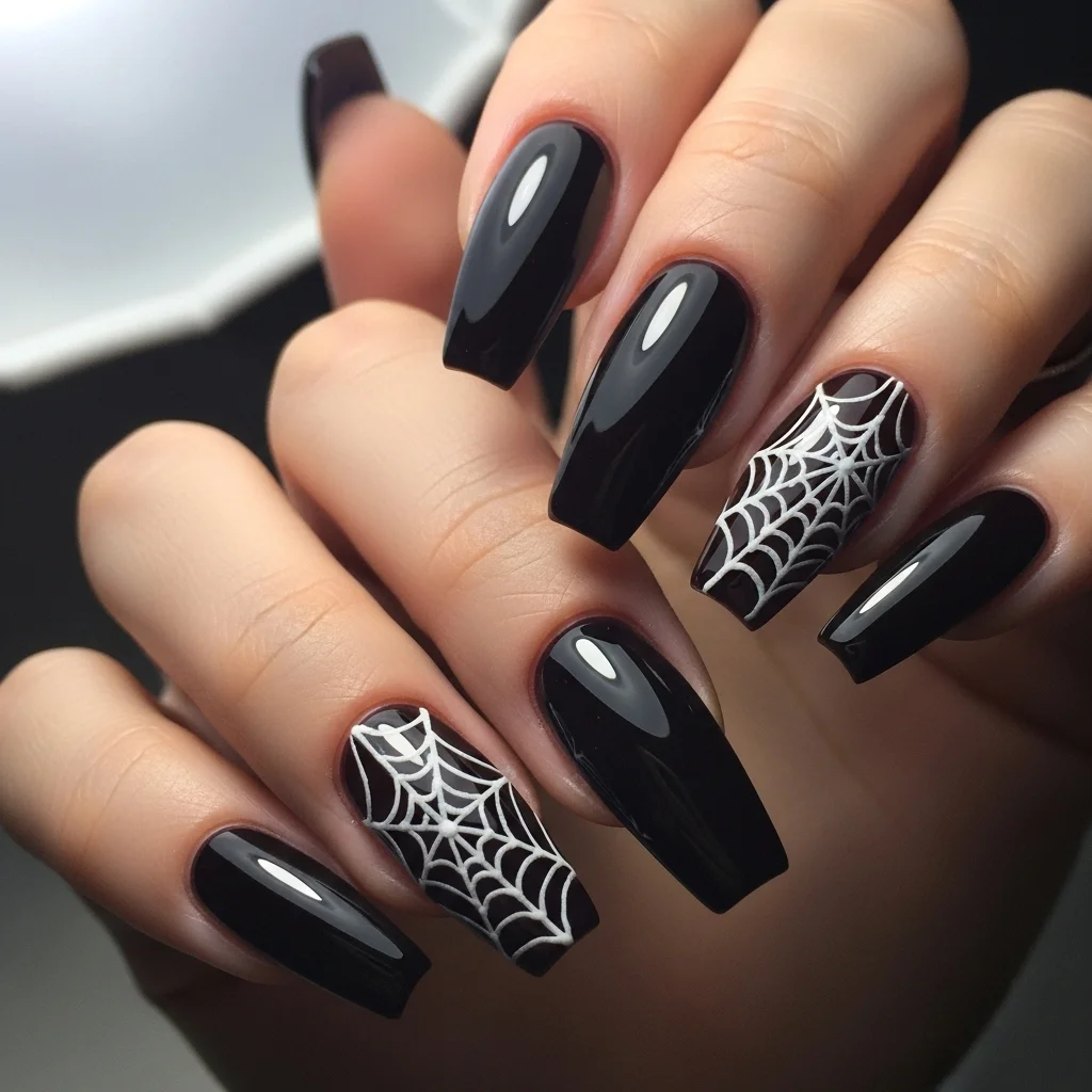 21 Coffin Nail Designs That Scream Fall: Your Ultimate Guide to Autumn Manicures 18 delicate spiderweb accent