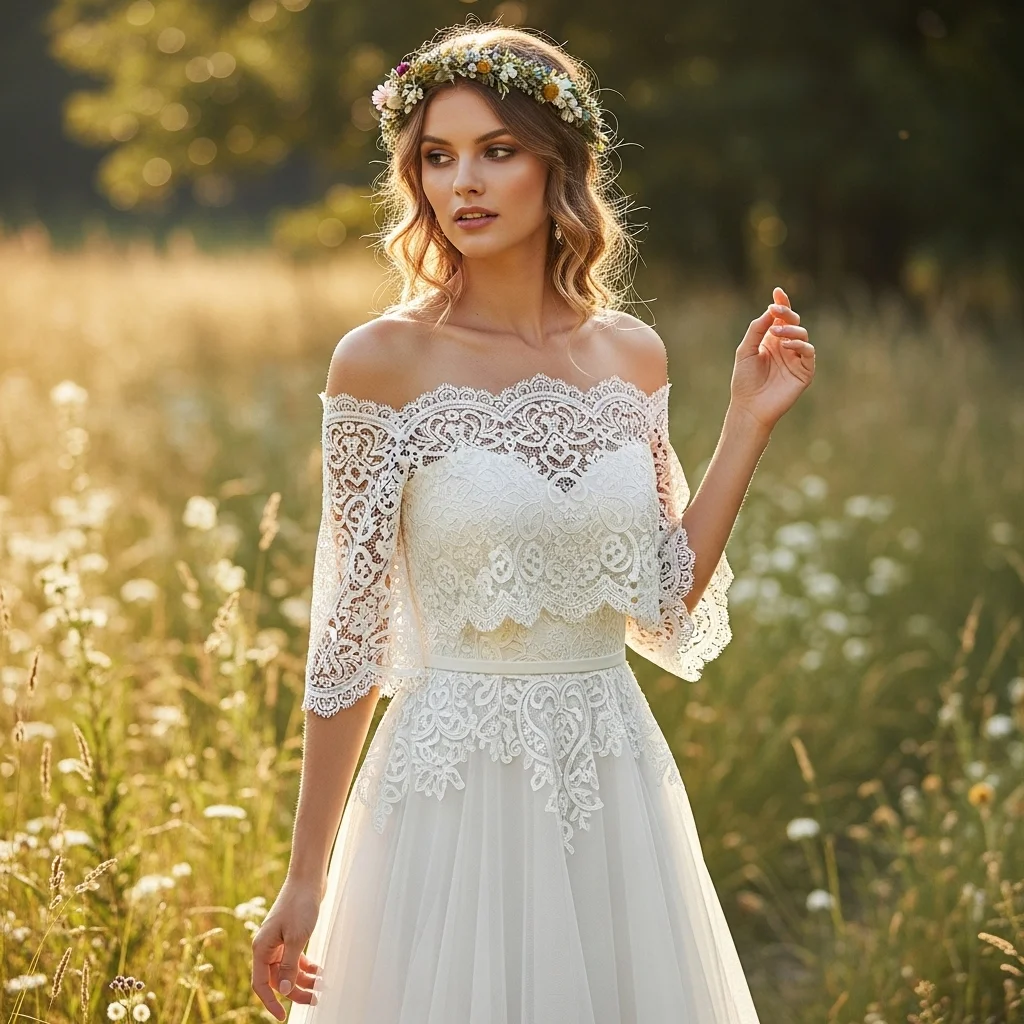 Top 19 Boho Chic Wedding Dresses for Your Free-Spirited Celebration 8 effortless off the shoulder