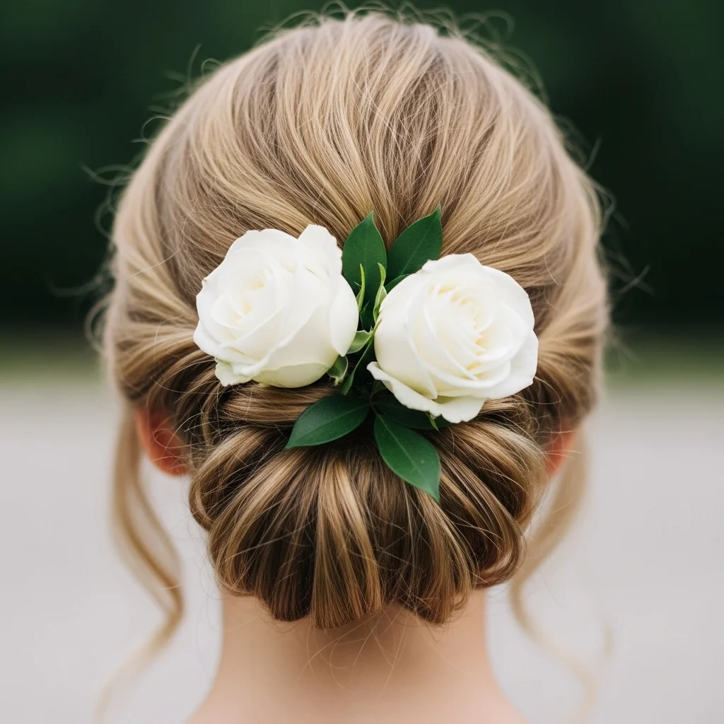 elegant half updo with fresh roses