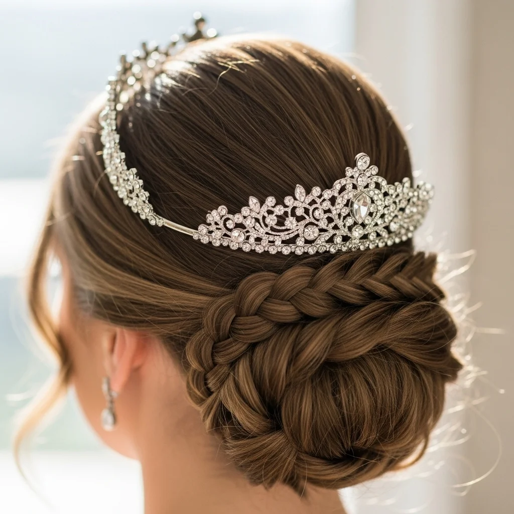 elegant low bun with braided accents and a tiara