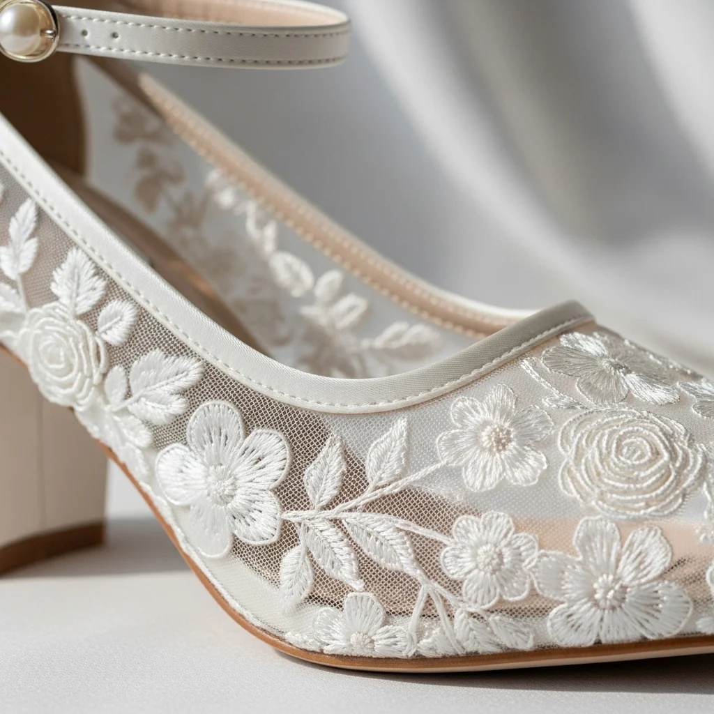 Step into Comfort & Style: Top 21 Low-Heel Wedding Shoes for Your Big Day 16 embroidered floral low heel