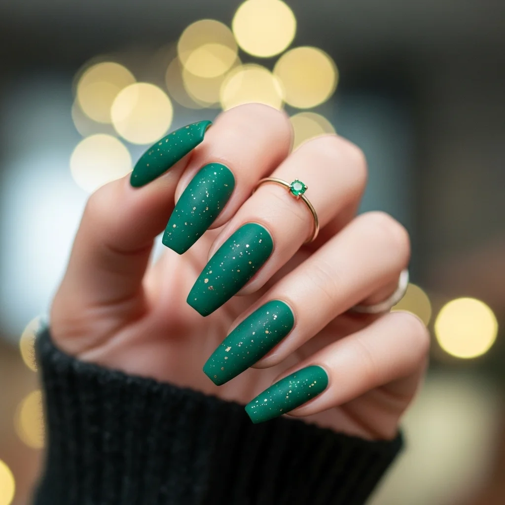 17 Stunning Matte Green Nail Ideas for Fall 6 emerald matte with gold flecks