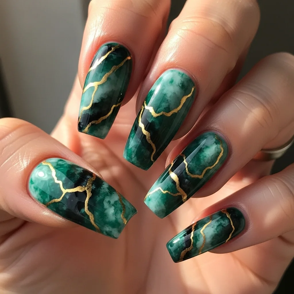 21 Coffin Nail Designs That Scream Fall: Your Ultimate Guide to Autumn Manicures 15 enchanted forest green marble