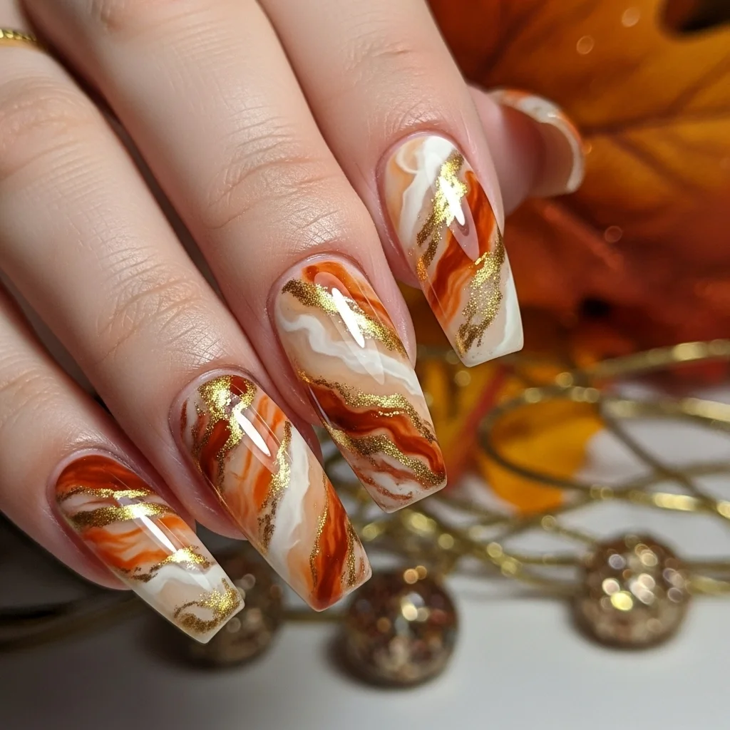 The Top 27 Acrylic Nail Designs You Need This Autumn! 18 enchanting marble effect warm tones