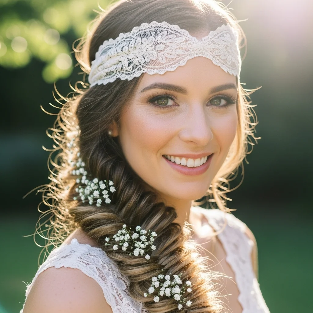 25 Dreamy Bridal Headband Hairstyles: Your Ultimate Wedding Hair Guide! 10 fishtail braid with bohemian fabric headband