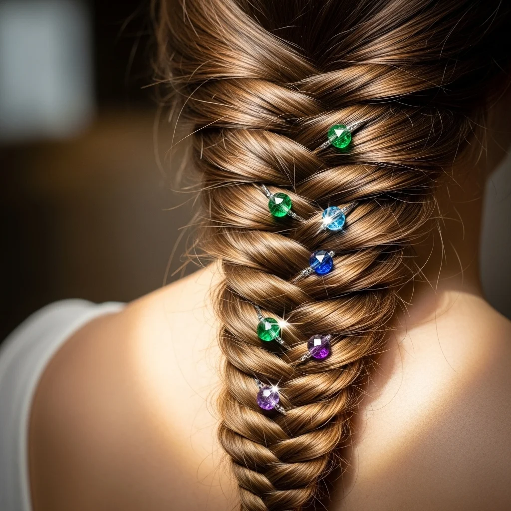 fishtail braid with sparkly gemstone beads