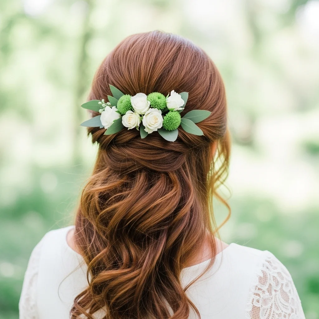 23 Elegant Half Up Half Down Wedding Hairstyles 9 floral accent half up