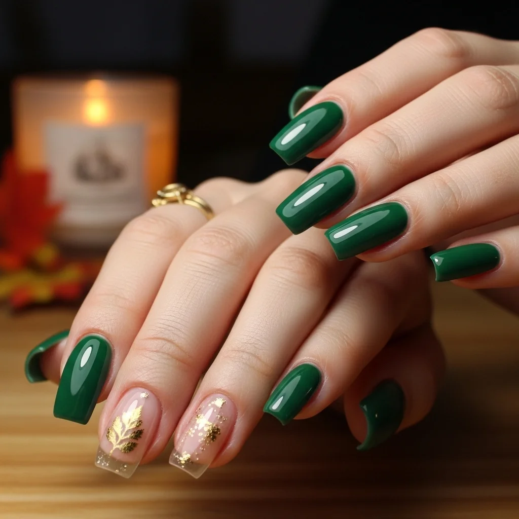 Top 17 Simple Fall Nail Designs That Are Cozy & Chic 4 forest green accent nail