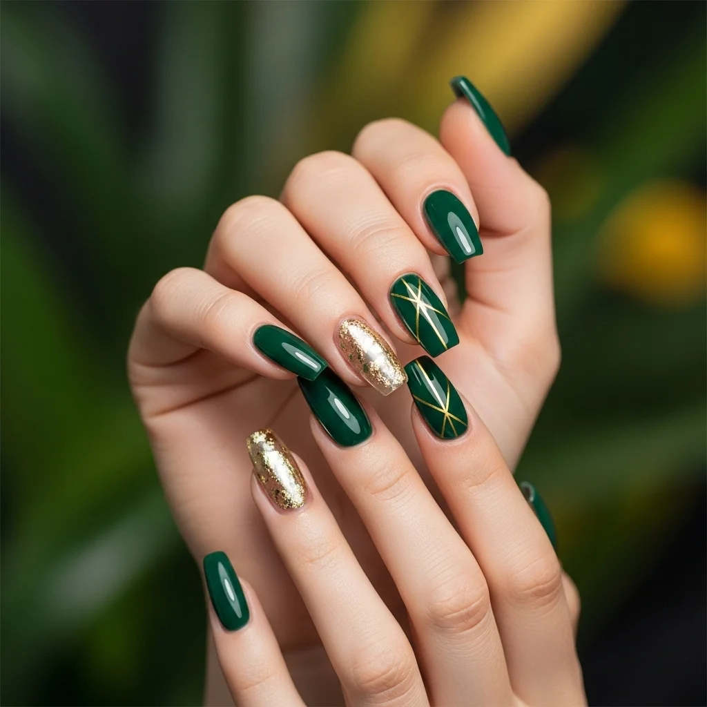 21 Coffin Nail Designs That Scream Fall: Your Ultimate Guide to Autumn Manicures 4 forest green gold accents