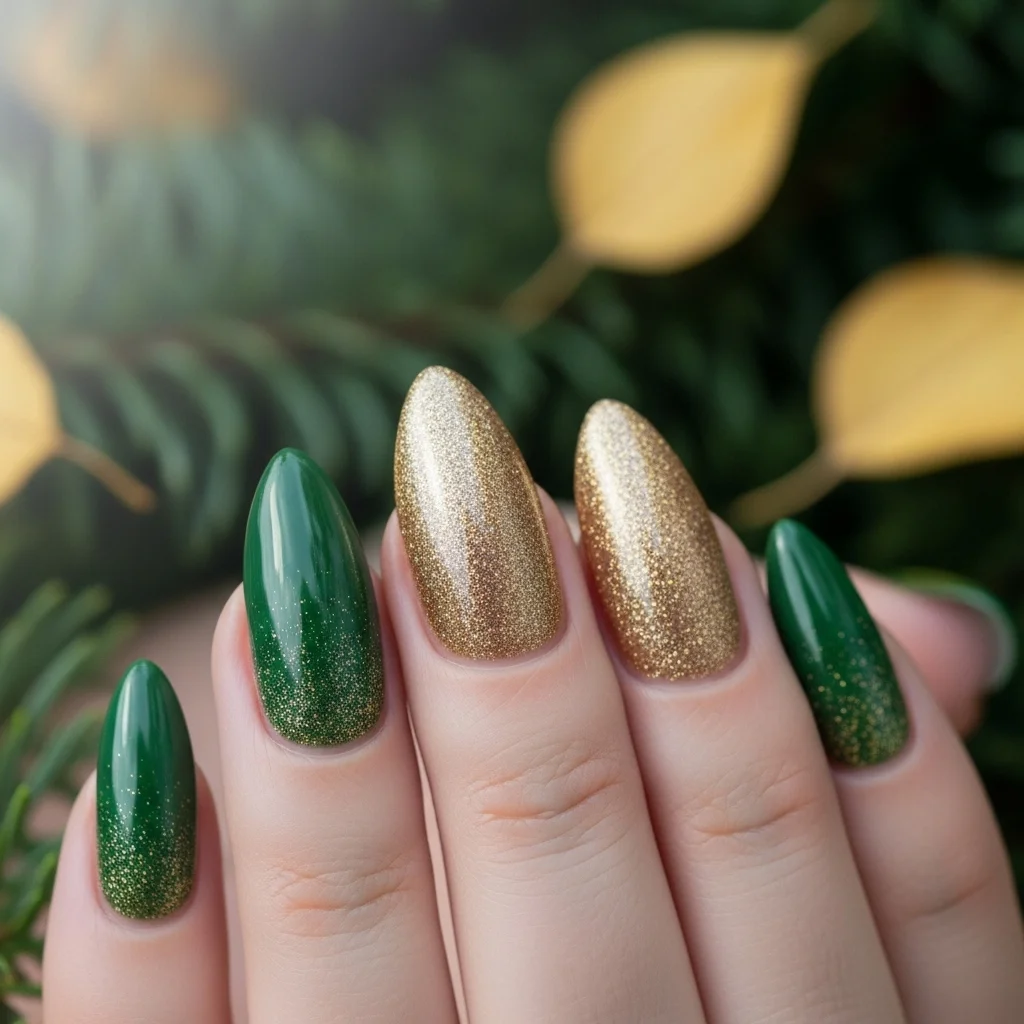 23 Enchanting Fall Ombre Nails You Need to Try This Season 4 forest green to golden shimmer ombre