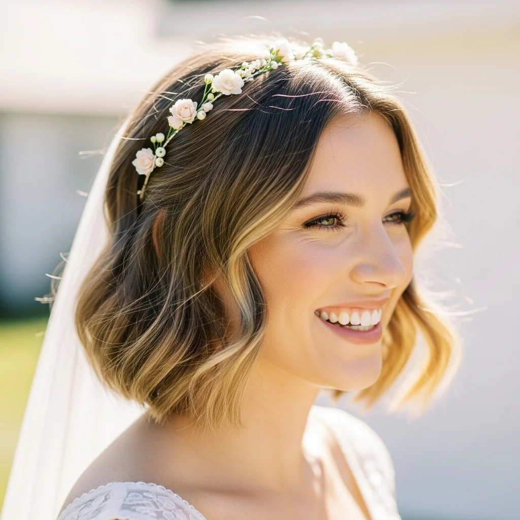 25 Dreamy Bridal Headband Hairstyles: Your Ultimate Wedding Hair Guide! 13 gently waved bob with mini floral headband