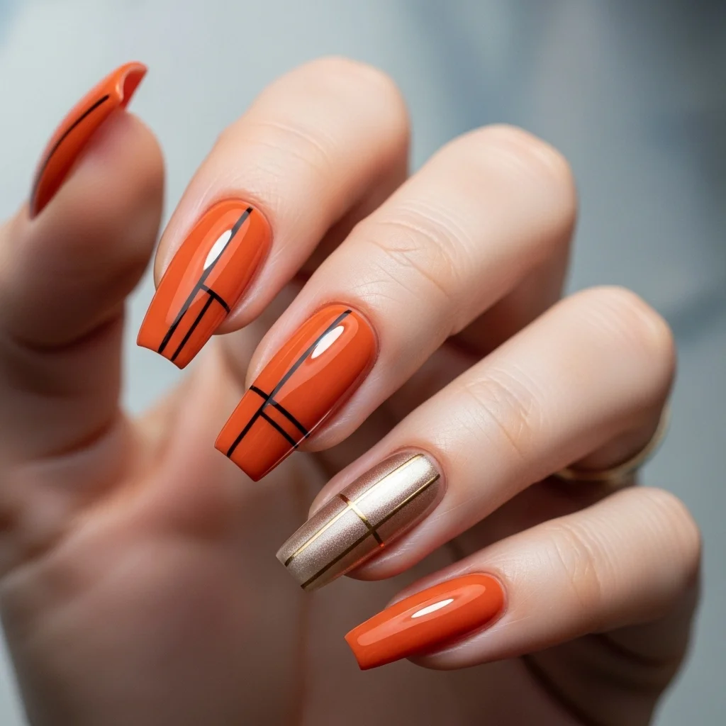 Top 21 Burnt Orange Nail Ideas for Fall 9 geometric burnt orange design
