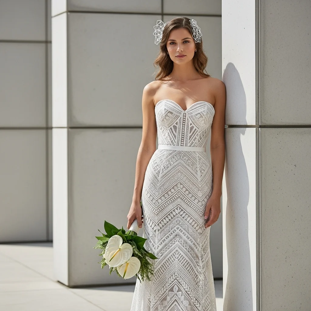 geometric lace strapless gown