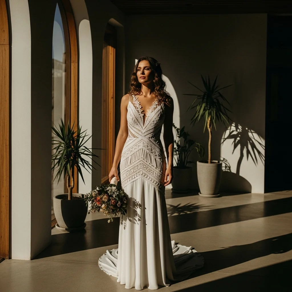 Top 19 Boho Chic Wedding Dresses for Your Free-Spirited Celebration 18 geometric lace wonder