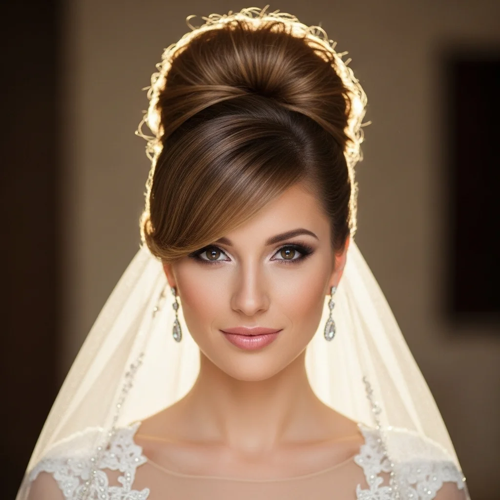 glamorous high bun with swept bangs