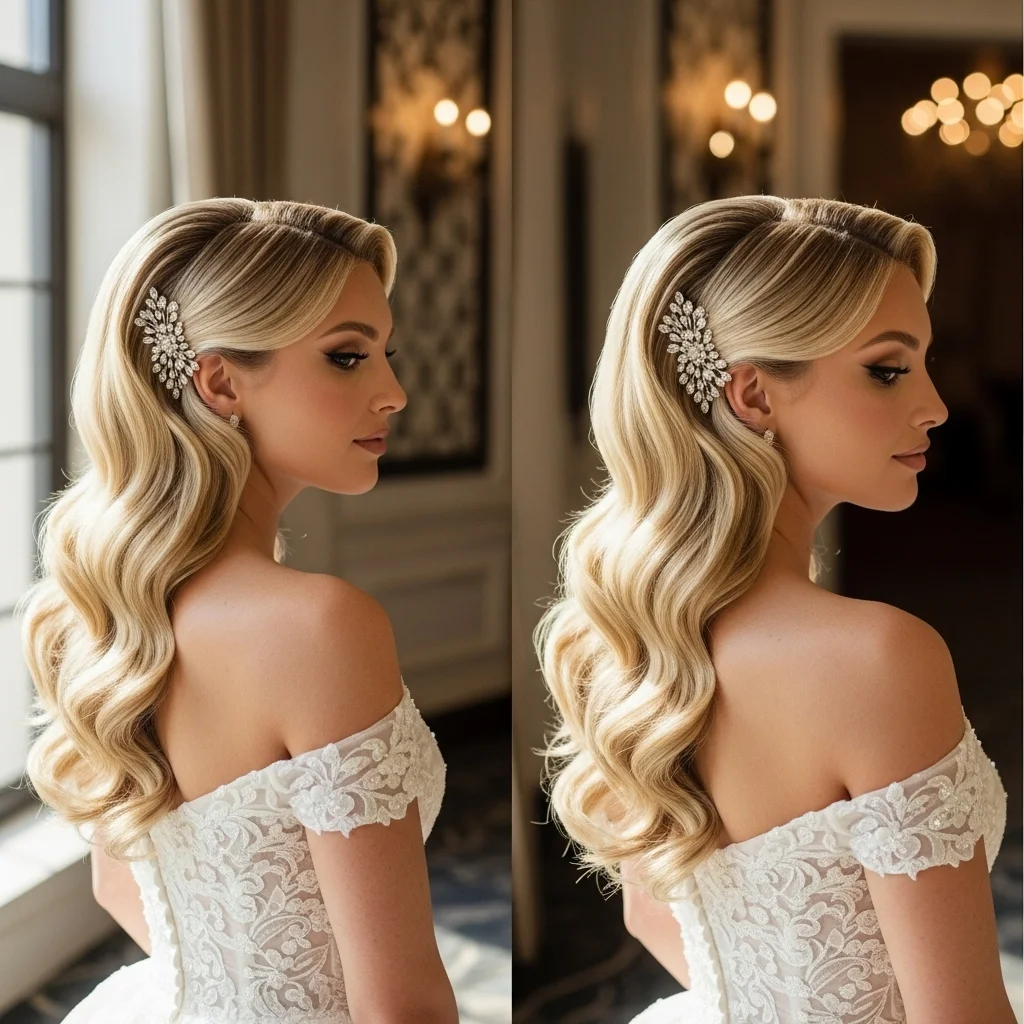 23 Elegant Half Up Half Down Wedding Hairstyles 20 glamorous hollywood waves half up