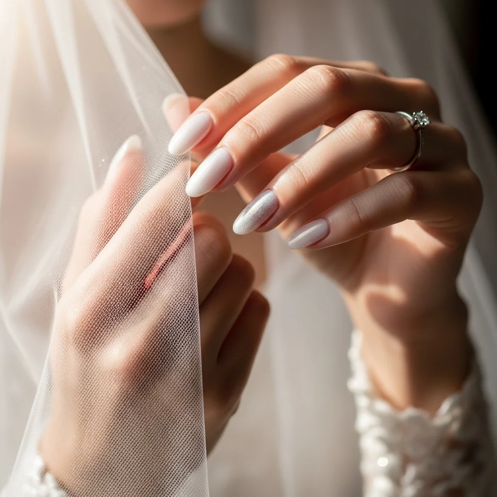 21 Stunning Neutral Wedding Nails for Brides: Timeless Elegance for Your Big Day 11 glazed donut nails hailey bieber style nude white base