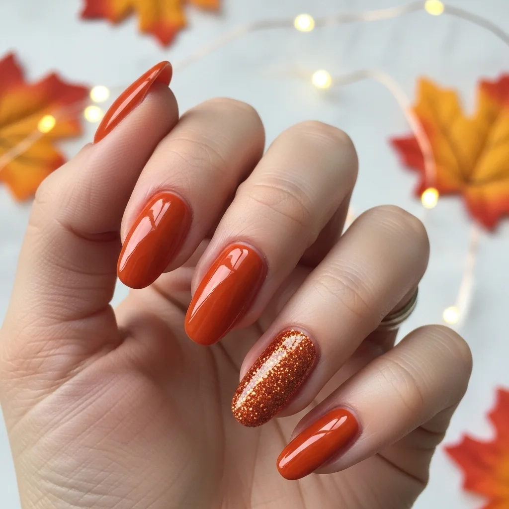 Top 21 Burnt Orange Nail Ideas for Fall 6 glitter accent nail 1