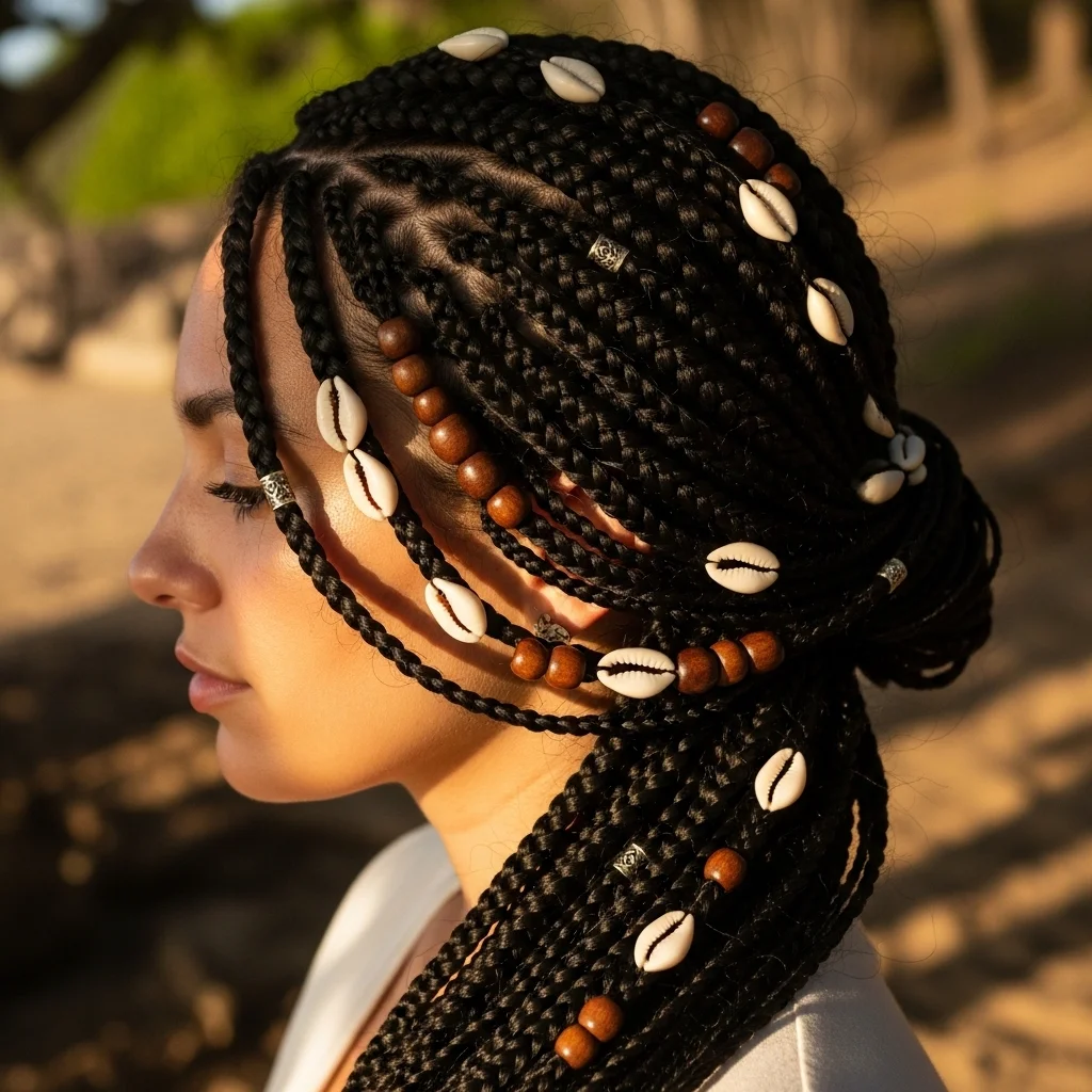 goddess braids with shell beads