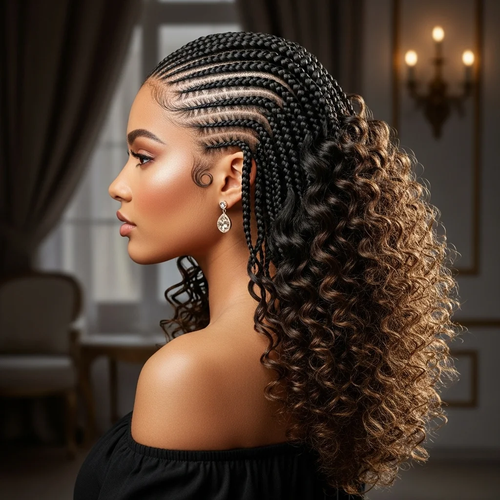 goddess cornrows with loose ends curls