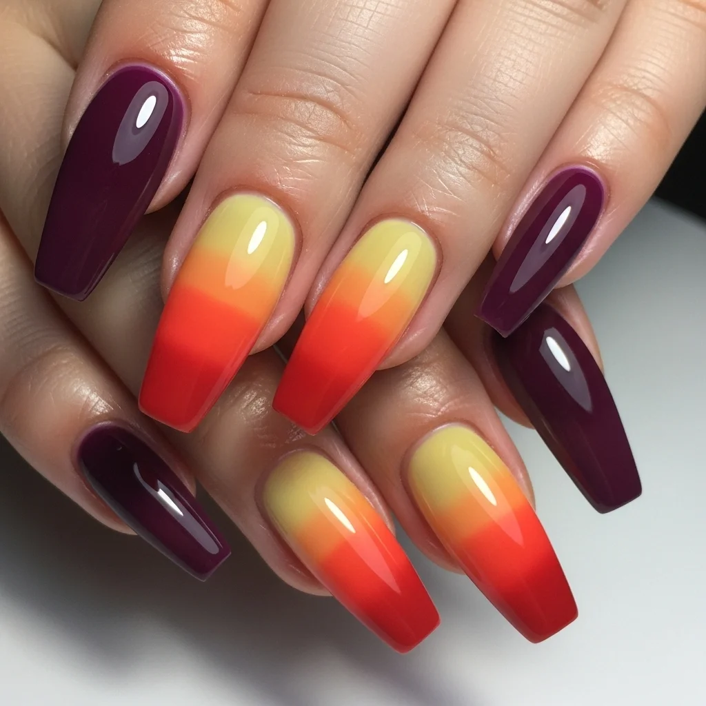 21 Coffin Nail Designs That Scream Fall: Your Ultimate Guide to Autumn Manicures 17 gradient sunset sky