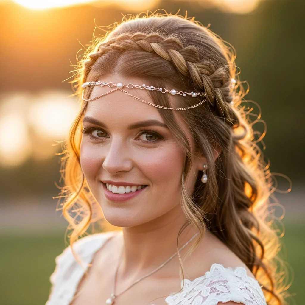 25 Dreamy Bridal Headband Hairstyles: Your Ultimate Wedding Hair Guide! 24 half up braid waterfall with gold chain headband
