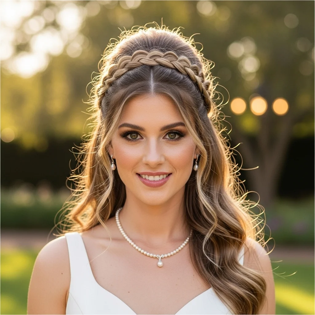 half up half down with braided crown