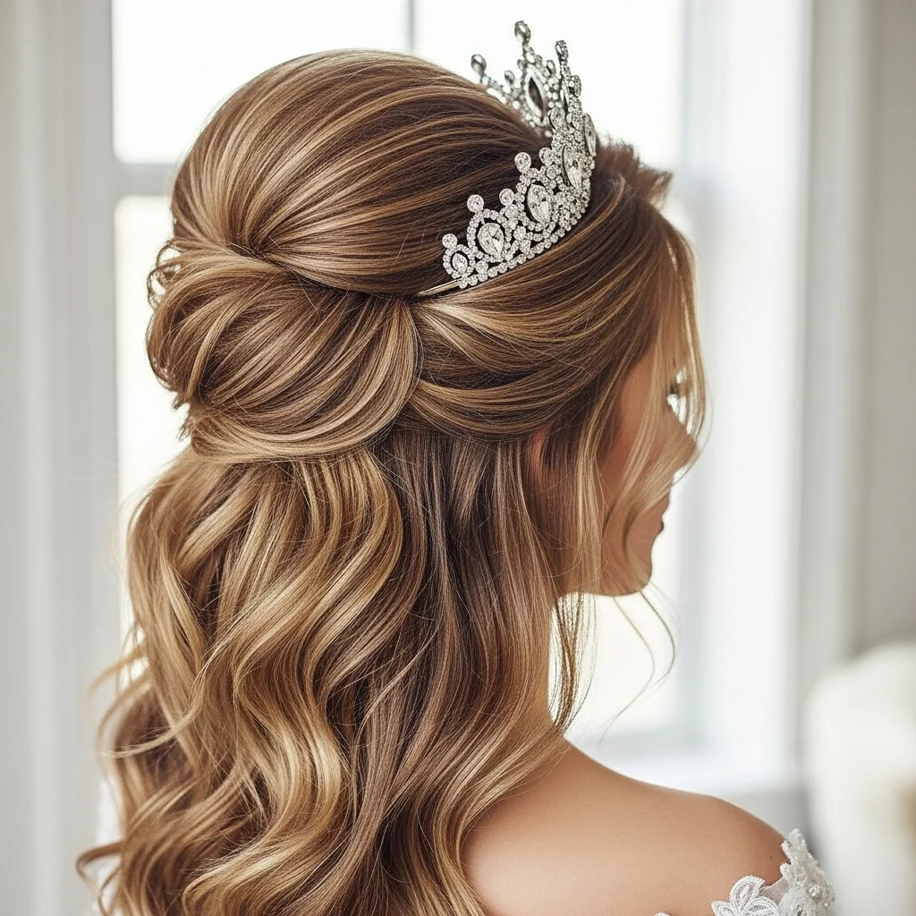 half up half down with voluminous crown and tiara