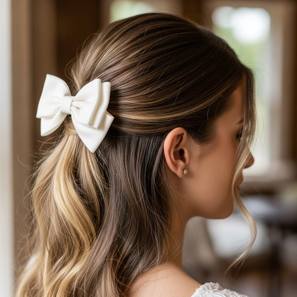 half up with a delicate bow