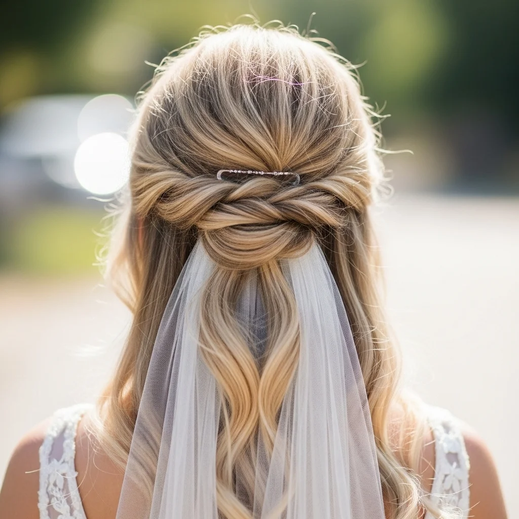 23 Elegant Half Up Half Down Wedding Hairstyles 12 half up with a veil integration