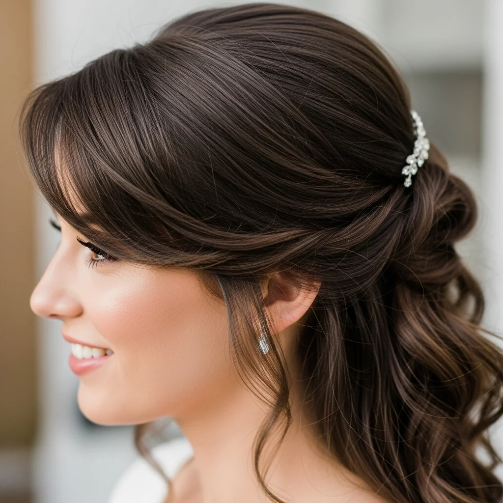 23 Elegant Half Up Half Down Wedding Hairstyles 17 half up with side bangs