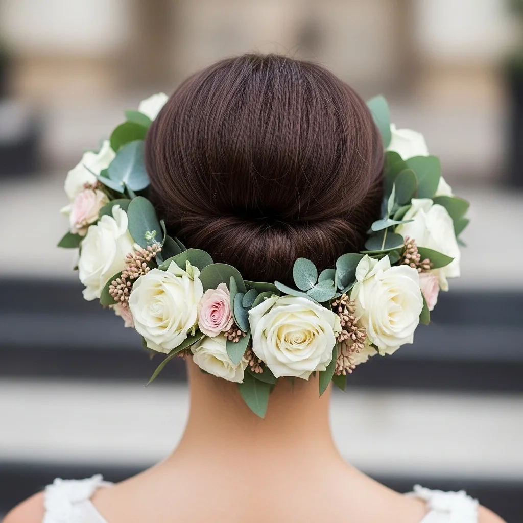 high bun with a dramatic floral halo