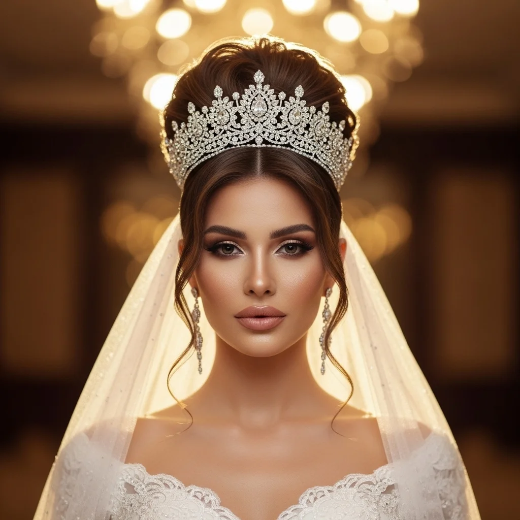 high bun with a sparkly tiara