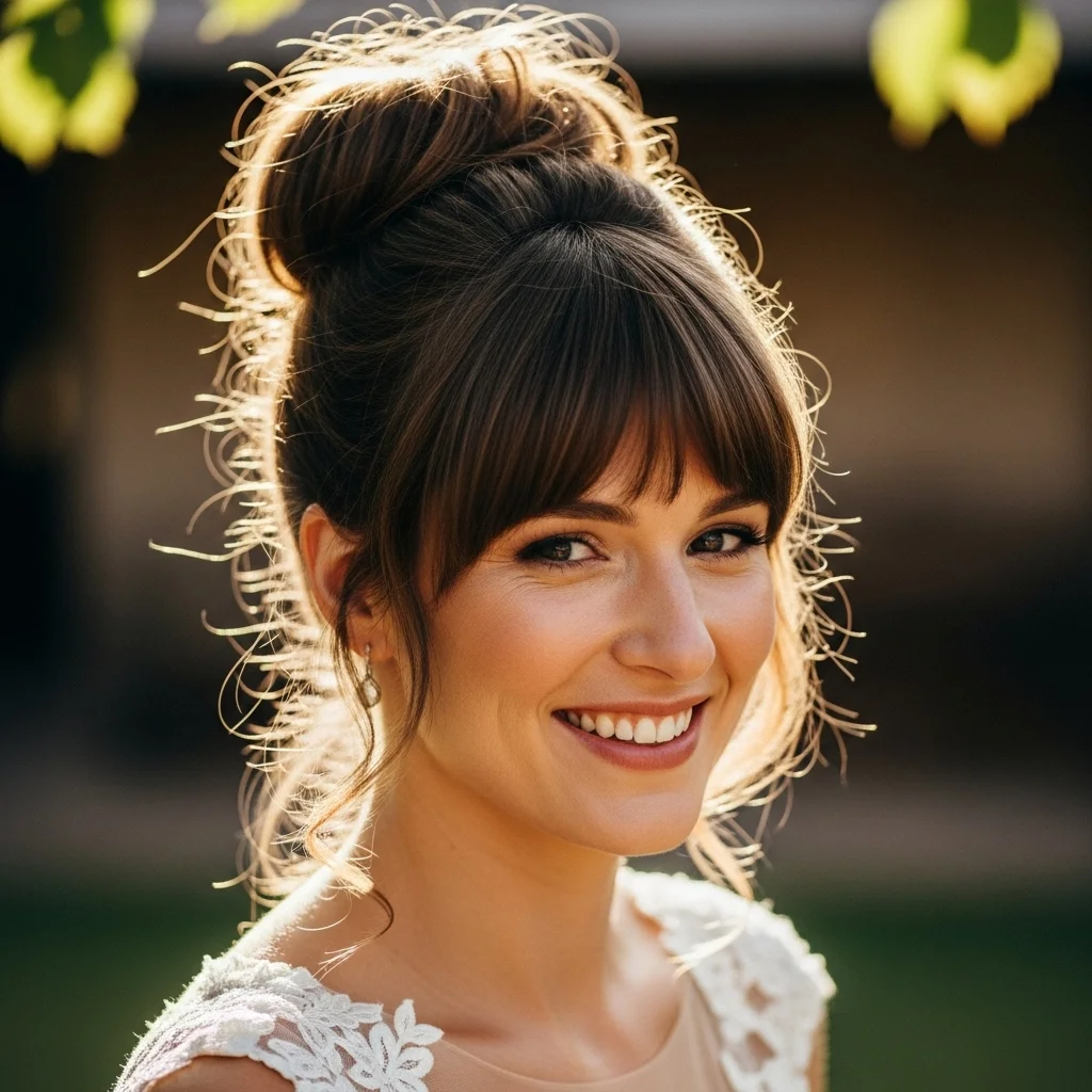 high messy bun with full fringe