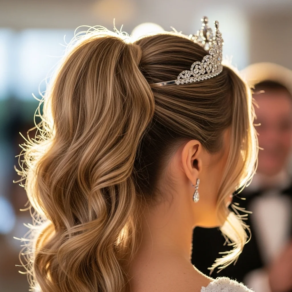 high ponytail with soft waves and a tiara