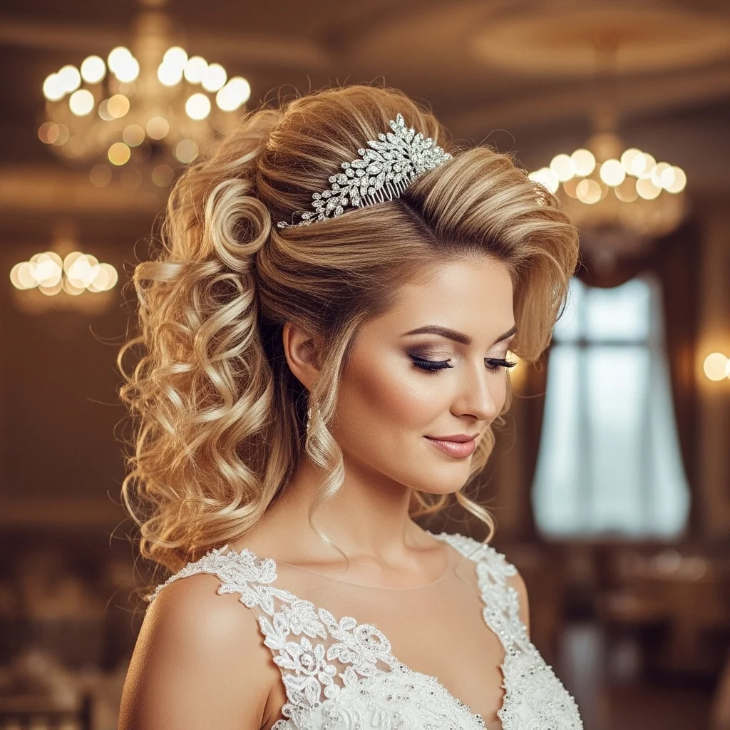 23 Elegant Half Up Half Down Wedding Hairstyles 10 high volume half up with curls