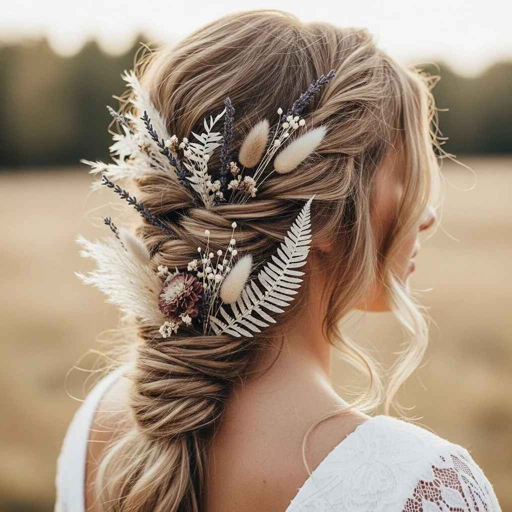 loose braid with dried flowers and pampas grass