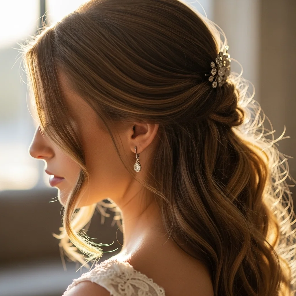 23 Elegant Half Up Half Down Wedding Hairstyles 11 low loose half up with tendrils