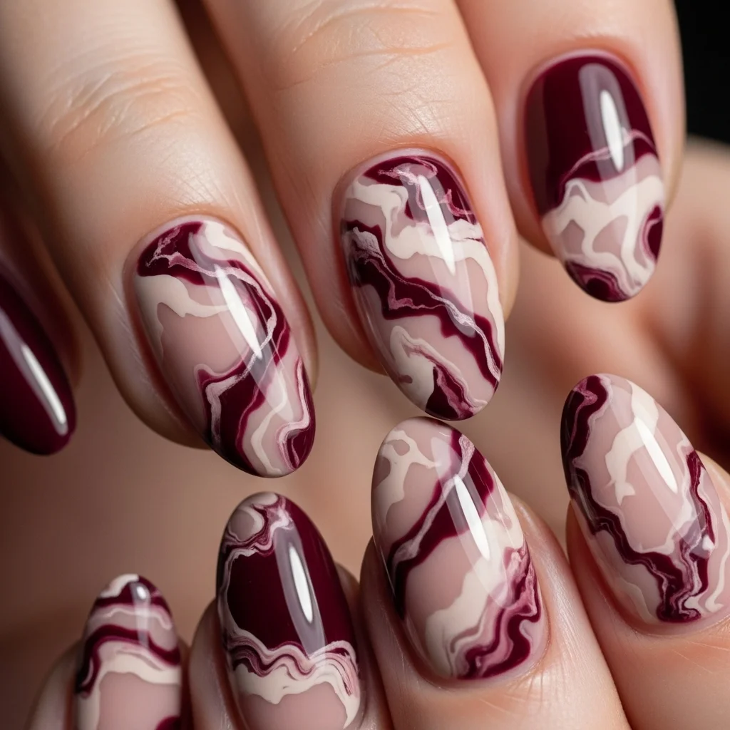 marbled burgundy and nude