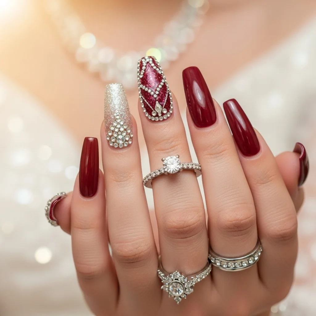 maroon coffin nails with bling