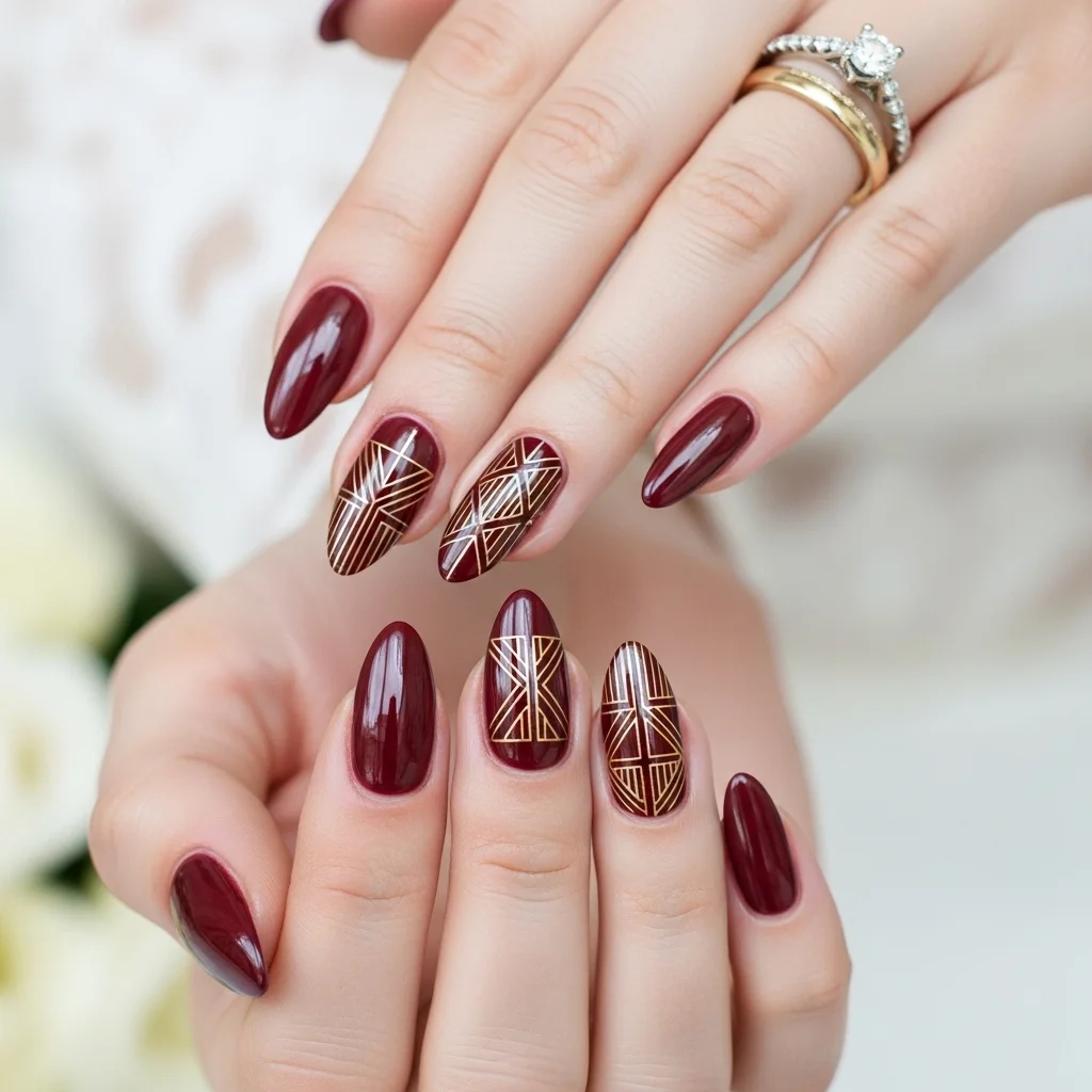maroon with geometric gold lines