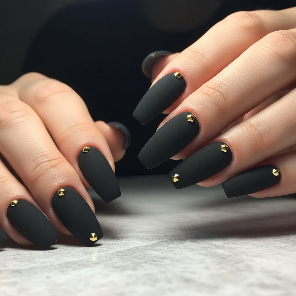21 Coffin Nail Designs That Scream Fall: Your Ultimate Guide to Autumn Manicures 22 matte black with gold studs