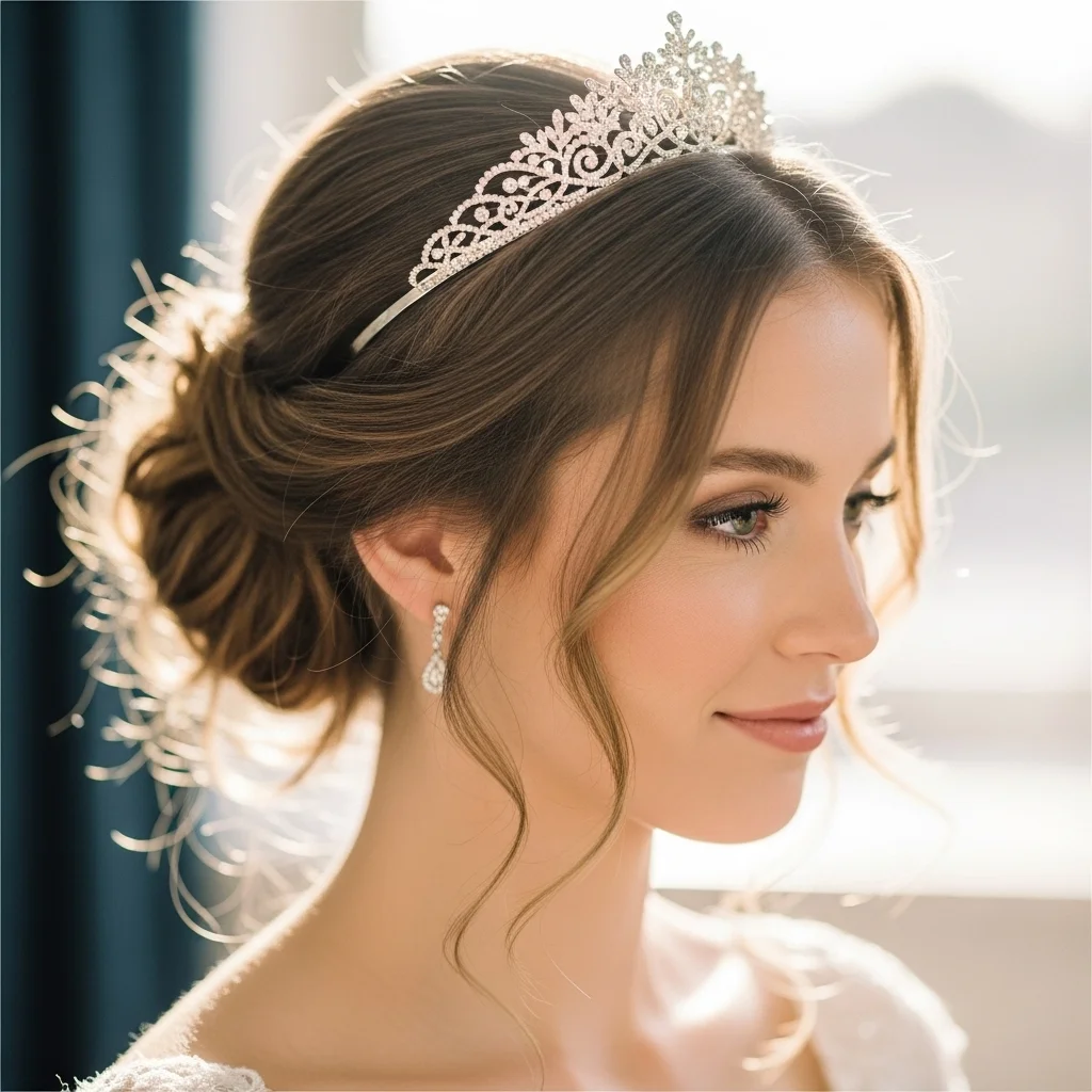 messy bun with face framing tendrils and a tiara