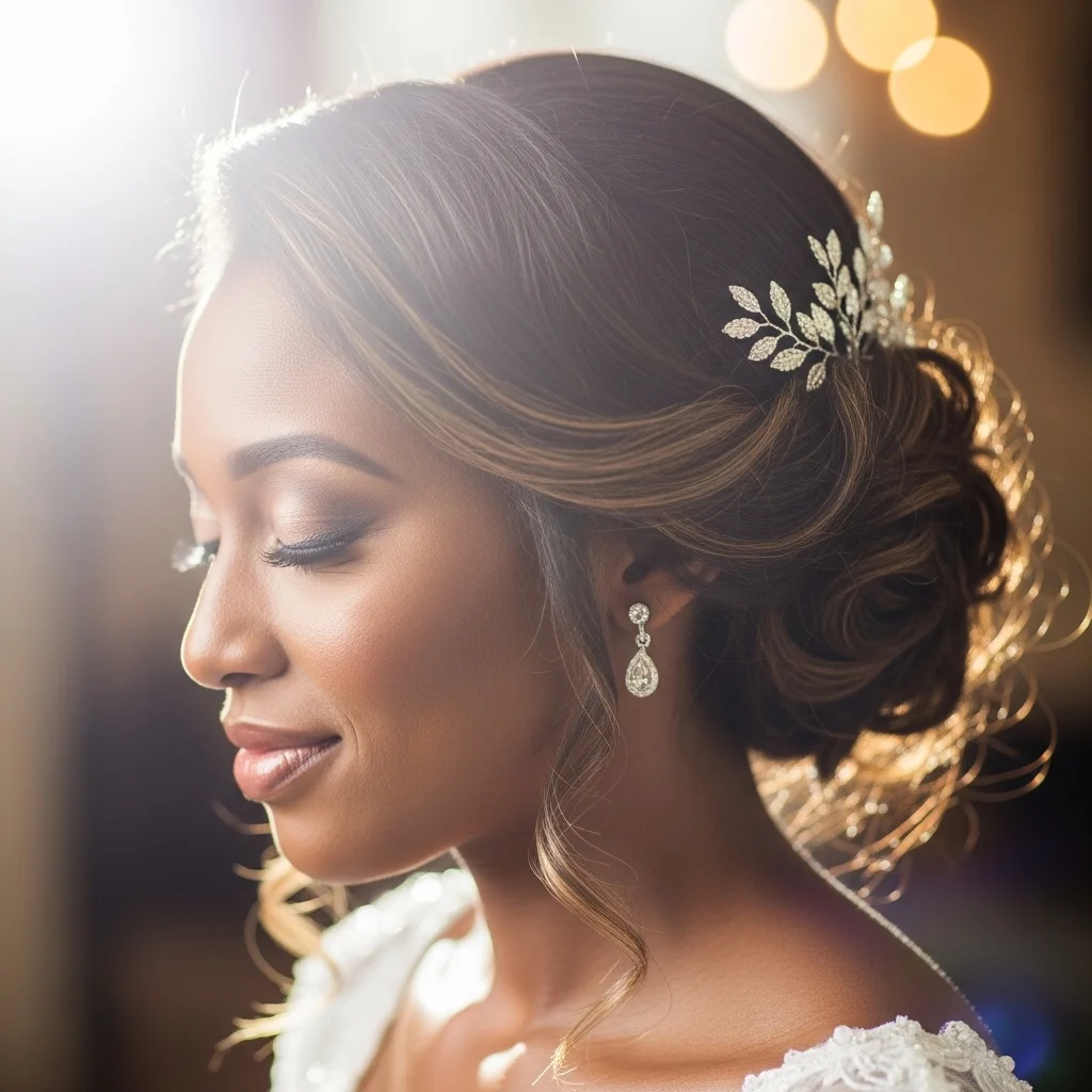 messy bun with face framing tendrils
