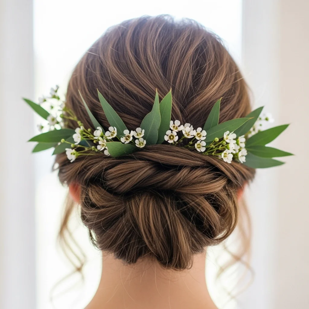 messy updo with greenery and small blooms