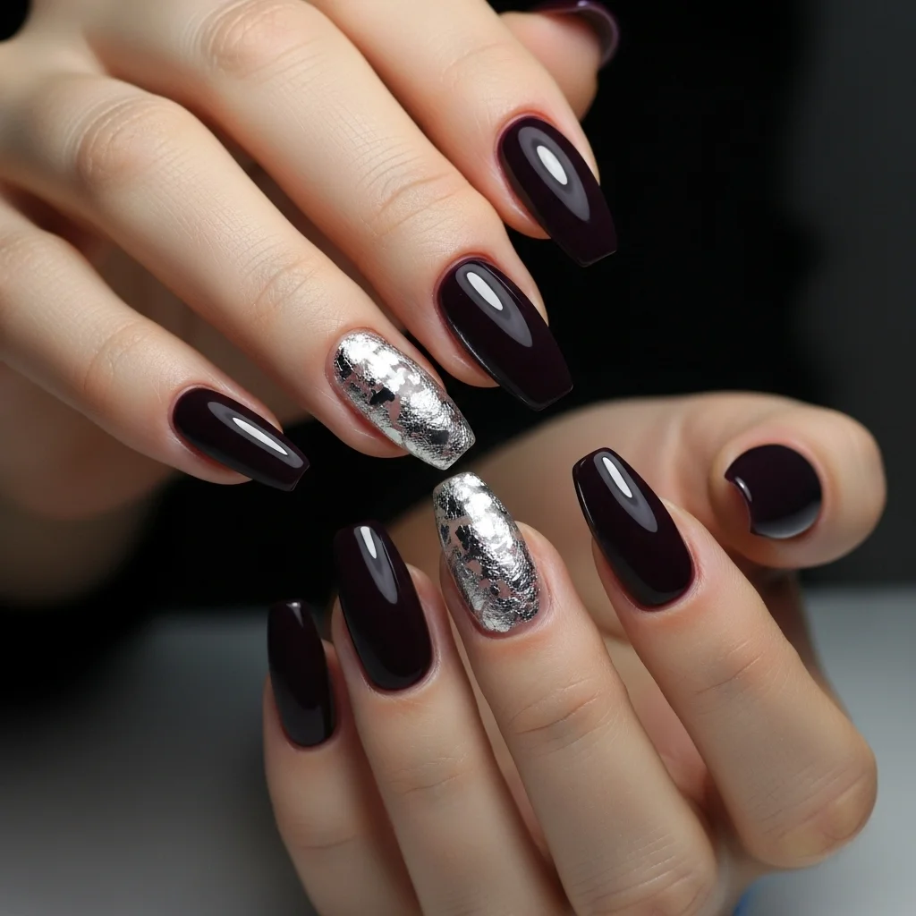 21 Coffin Nail Designs That Scream Fall: Your Ultimate Guide to Autumn Manicures 8 midnight plum with silver foil