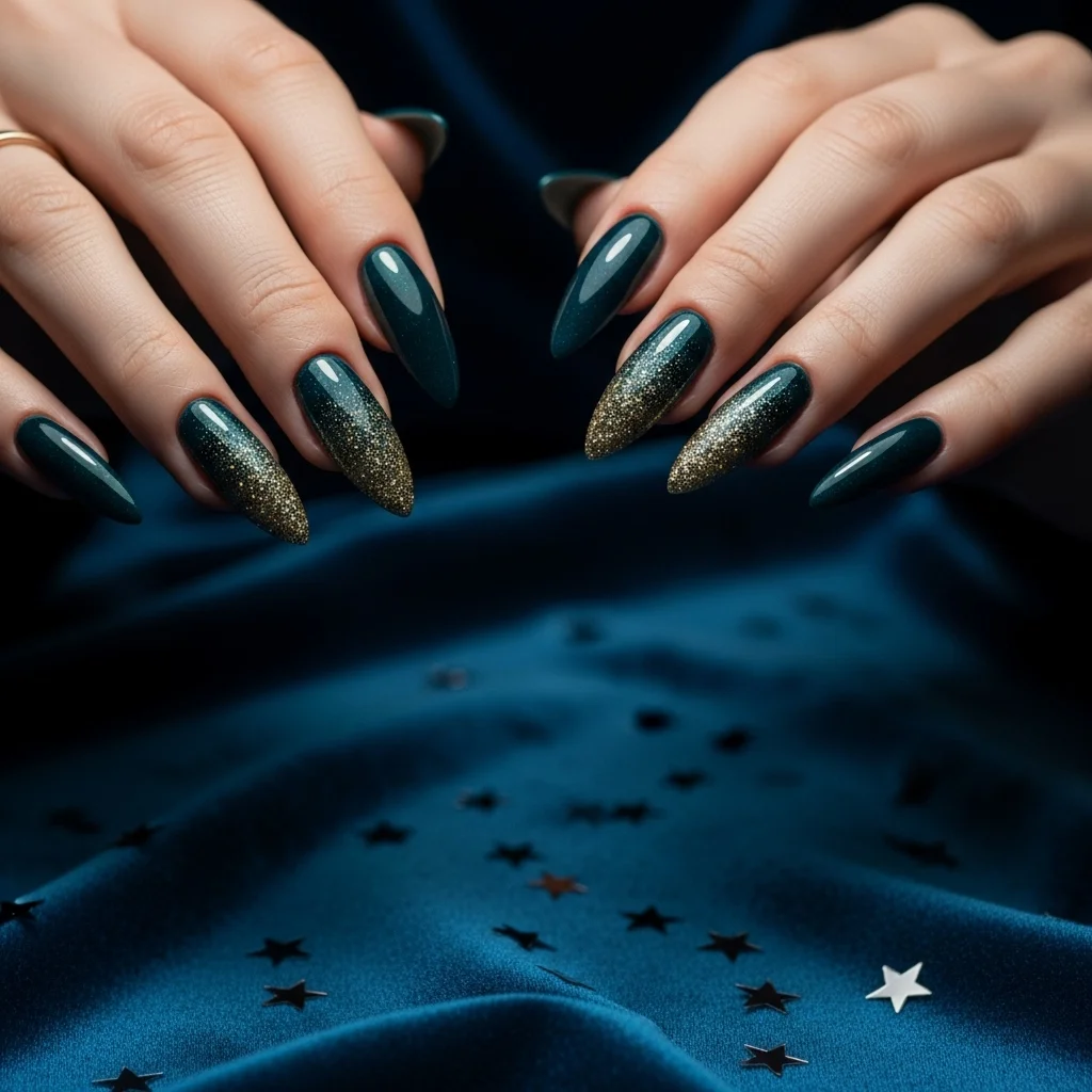23 Enchanting Fall Ombre Nails You Need to Try This Season 7 midnight teal to gold dust ombre