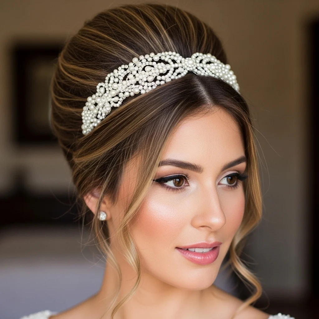 25 Dreamy Bridal Headband Hairstyles: Your Ultimate Wedding Hair Guide! 12 modern beehive with pearl encrusted headband